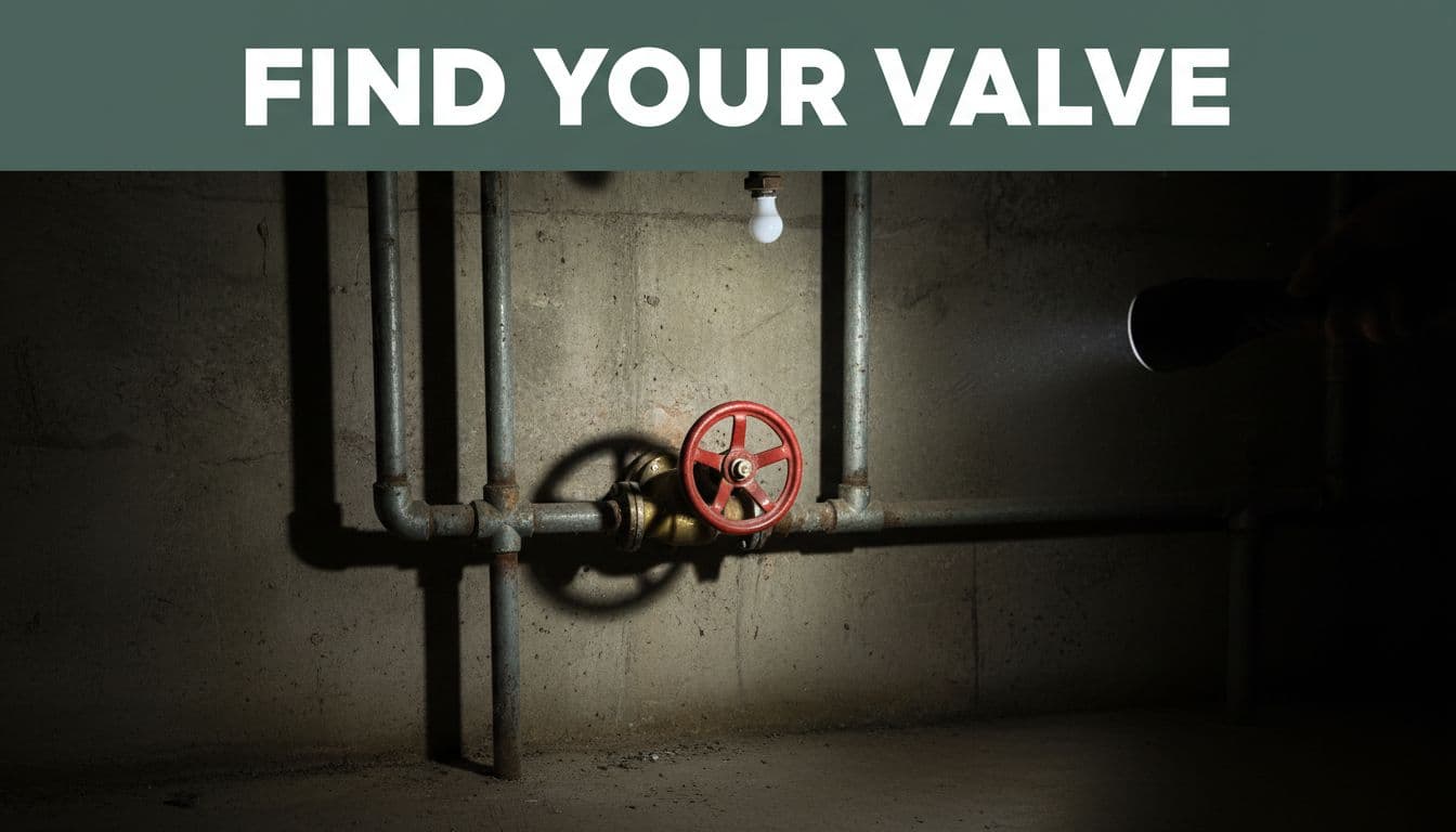 Realistic close-up of a main water shut-off gate valve with wheel on concrete basement wall, illuminated by flashlight beam, with bold 'Find Your Valve' headline on dark-green top band.