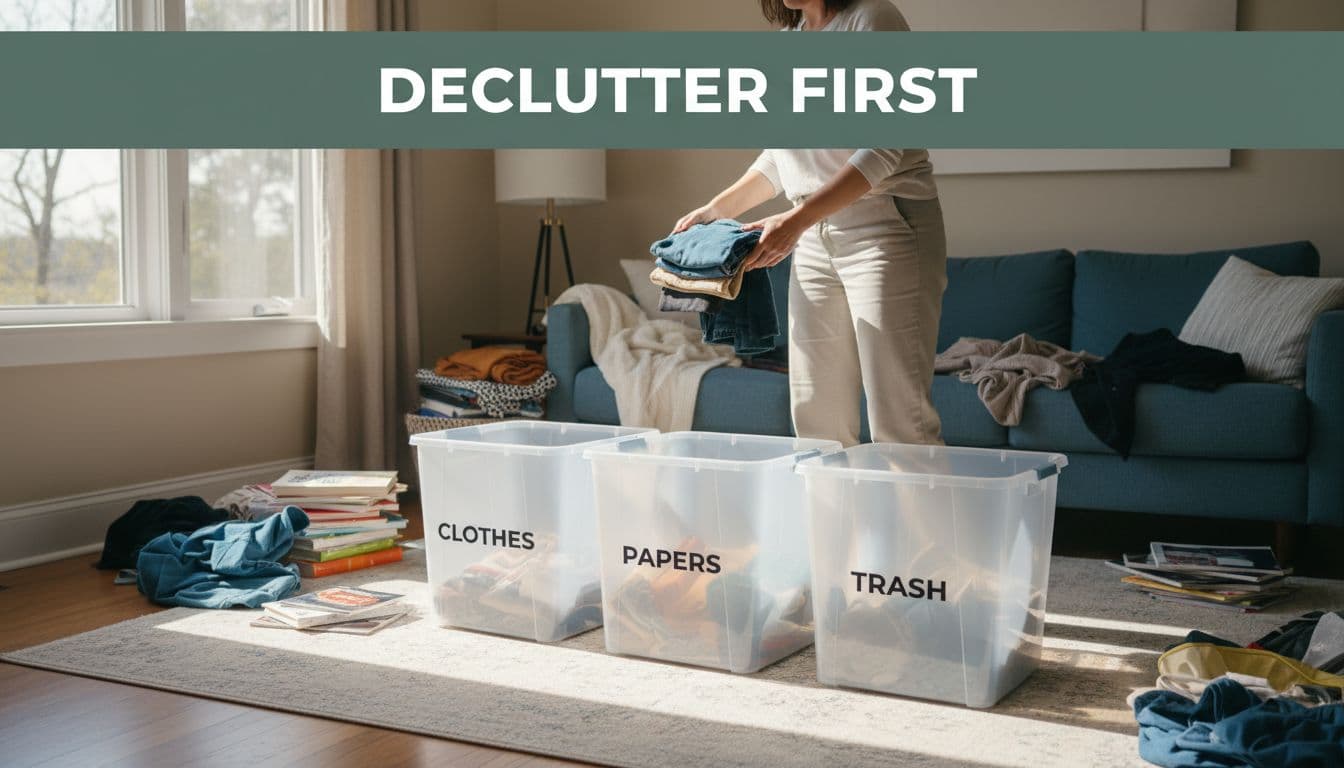 A person sorts clothes, papers, and trash into labeled bins in a cluttered living room with bright natural light, featuring a bold 'Declutter First' headline in a dark-green band.