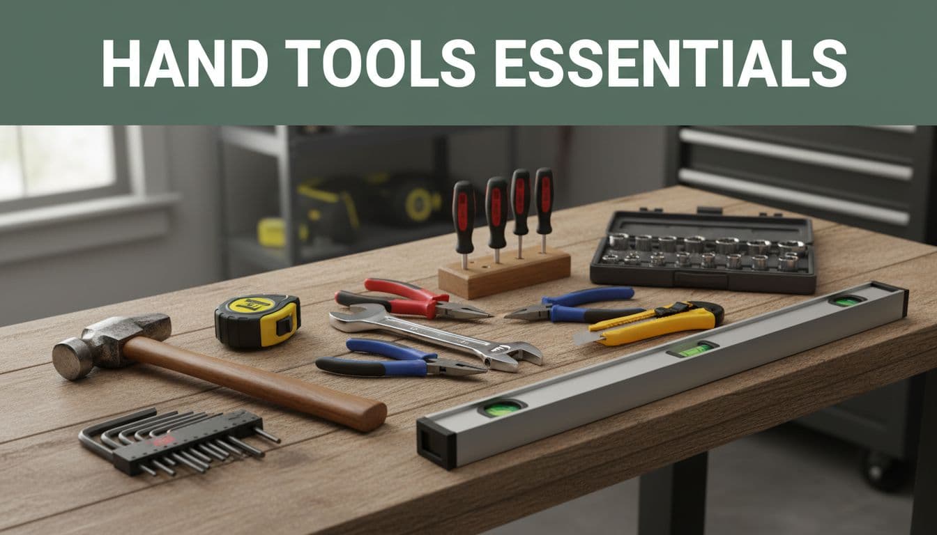 Assortment of essential hand tools neatly arranged on a wooden workbench in a home garage, including claw hammer, tape measure, level, screwdrivers, pliers, adjustable wrench, utility knife, hex keys, and socket set. Realistic photo with natural daylight lighting, sharp focus, and a bold headline band at the top.
