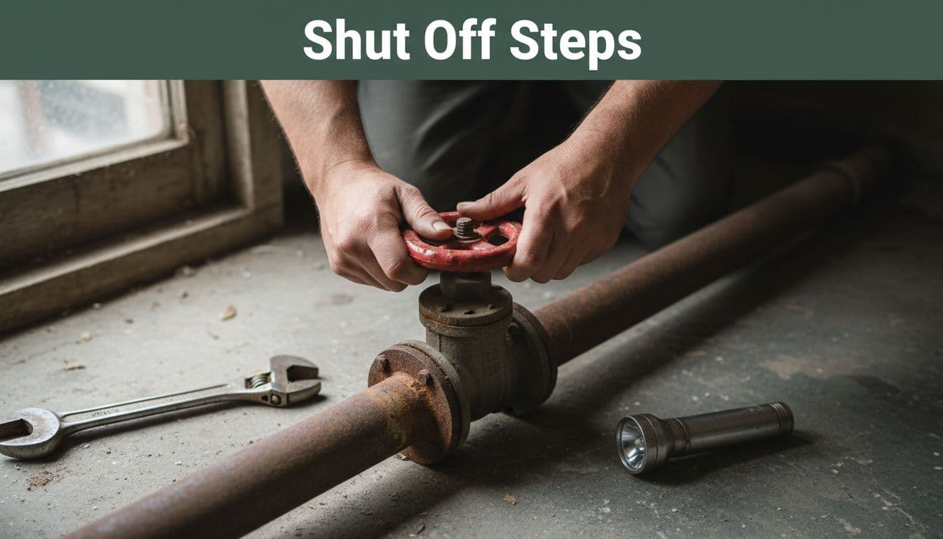 Close-up of two hands with relaxed grip slowly turning a gate valve wheel clockwise on a rusty pipe in a garage, tools like wrench and flashlight nearby, natural daylight lighting. Bold editorial headline 'Shut Off Steps' in muted dark-green band at top.