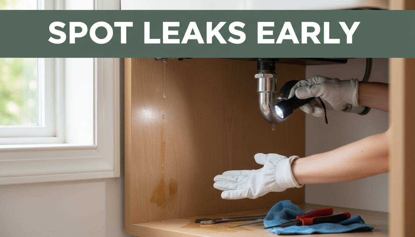 A homeowner inspects a leaky pipe under a kitchen sink, focusing on the damp spot and water drip with tools nearby in a bright home interior. Bold headline 'Spot Leaks Early' appears on a muted dark-green band at the top in Montserrat Black font.