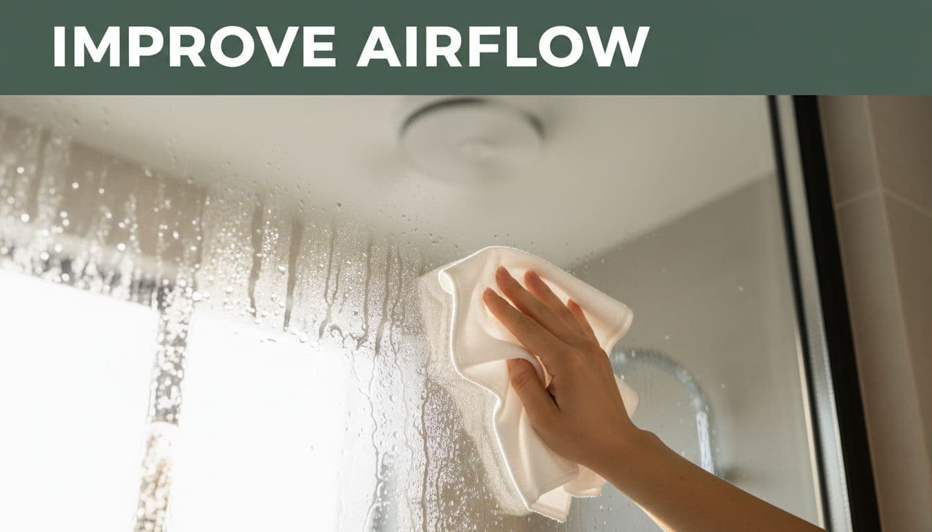 Homeowner wiping condensation from a bathroom window with exhaust fan running in the background, under bright morning light. Bold 'Improve Airflow' headline in branded editorial style on dark-green band.