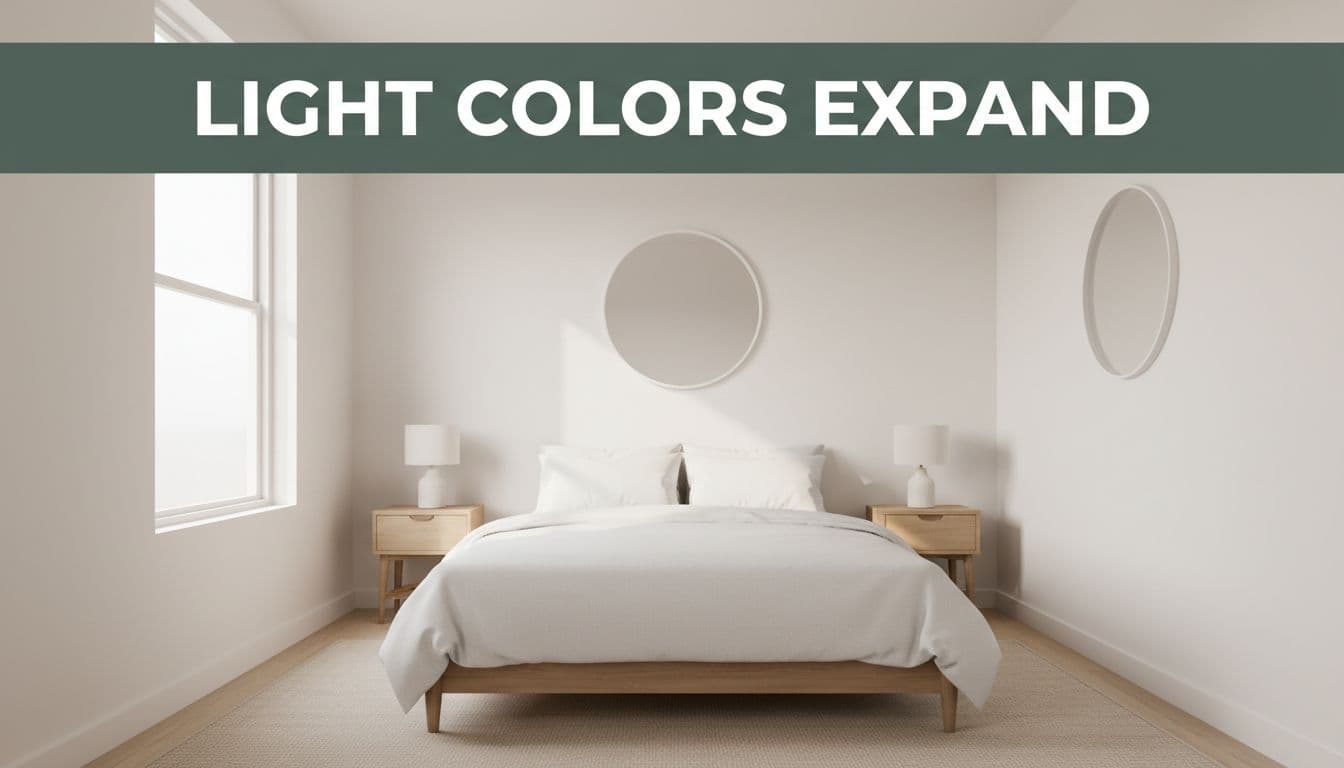 Cozy small bedroom with soft warm white walls and natural light from a large window, creating an airy spacious feel, under a bold headline 'Light Colors Expand' on a muted dark-green band.