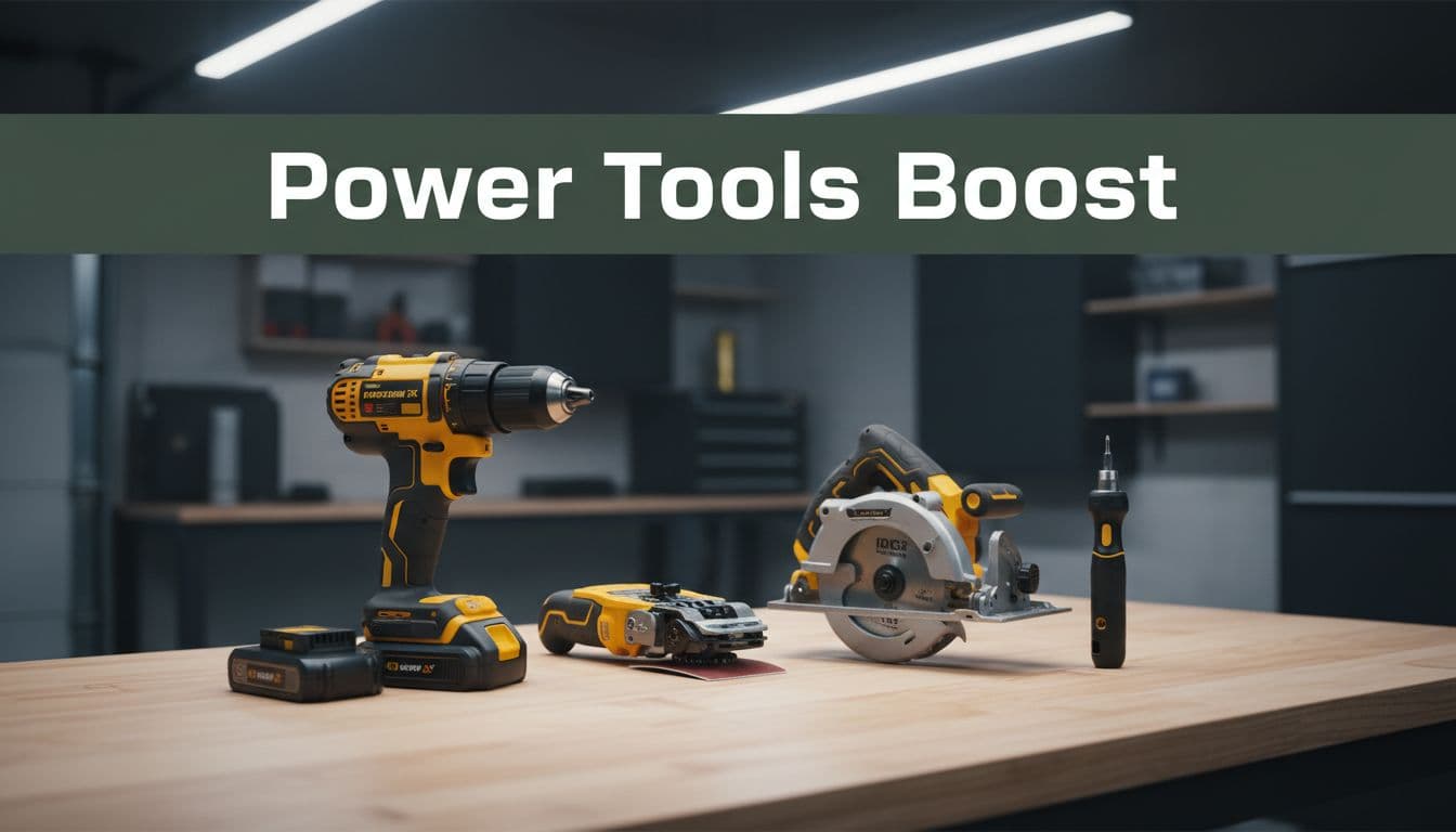 Cordless drill driver, oscillating multitool, circular saw, and rotary tool kit on a clean garage workbench with batteries, under bright lighting in realistic style. Bold 'Power Tools Boost' headline on dark-green band at top.