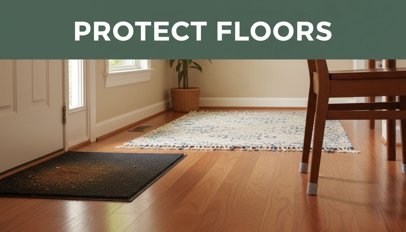 Cozy home hallway displaying entry mat trapping dirt, area rugs in high-traffic areas, and felt pads under chair legs on wood floor, with warm natural light and 'Protect Floors' headline in bold dark-green band.