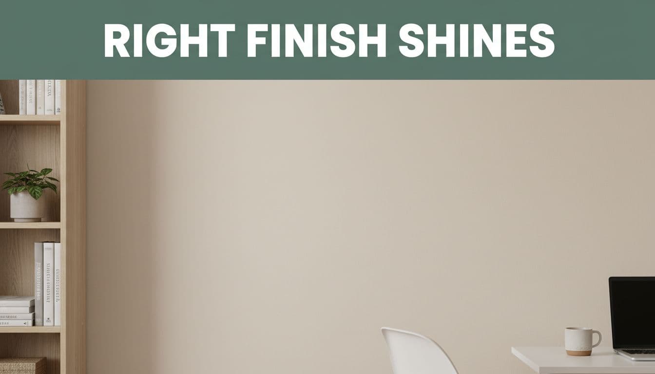 Bold headline 'Right Finish Shines' on a muted dark-green band atop a close-up of a matte light beige painted wall in a small home office, featuring soft diffused lighting that hides imperfections and reduces glare.