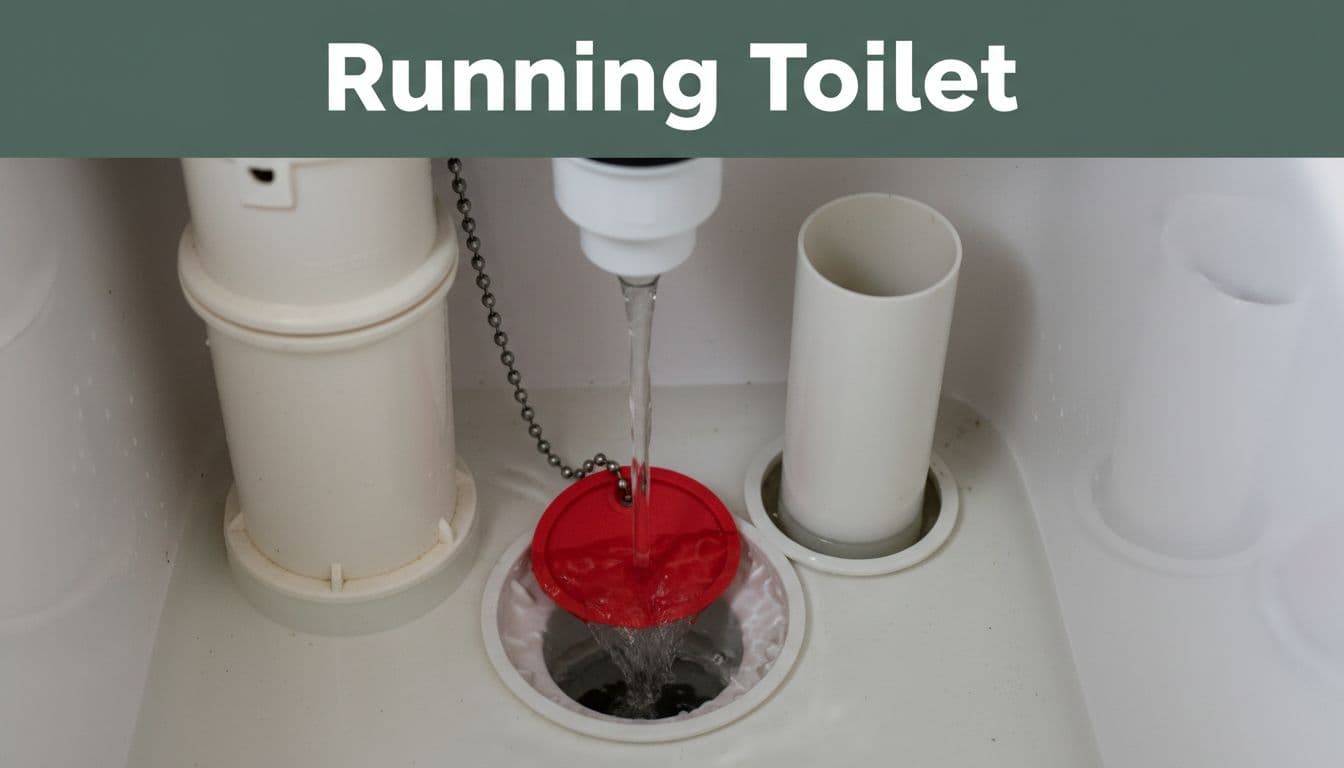 Interior view of a toilet tank showing a faulty flapper not sealing properly, with water running into the overflow tube, centered on the flapper in realistic style. Bold 'Running Toilet' headline in Title Case on a muted dark-green horizontal band at the top.