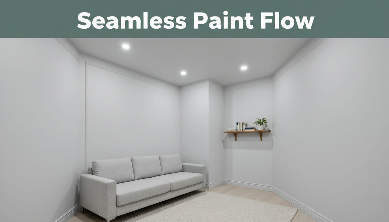 A narrow living room featuring walls, trim, and ceiling painted in soft pale gray to create a seamless, spacious feel with blurred edges and recessed lighting. Bold headline 'Seamless Paint Flow' in Montserrat Black font on a muted dark-green band at the top.