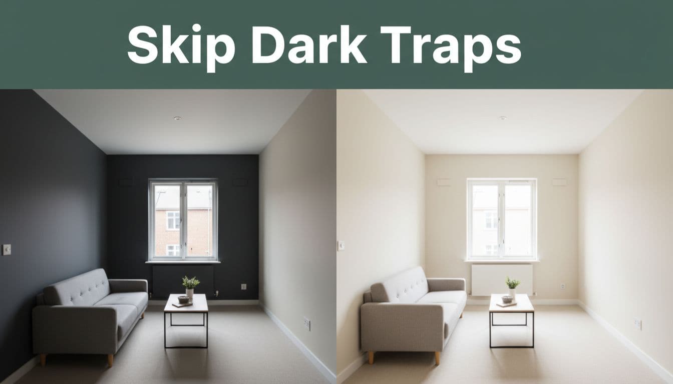 Bold editorial image with 'Skip Dark Traps' headline on a muted dark-green band, contrasting two small rooms side-by-side: left cramped with dark accent wall, right open with light cohesive paint, realistic photo split.