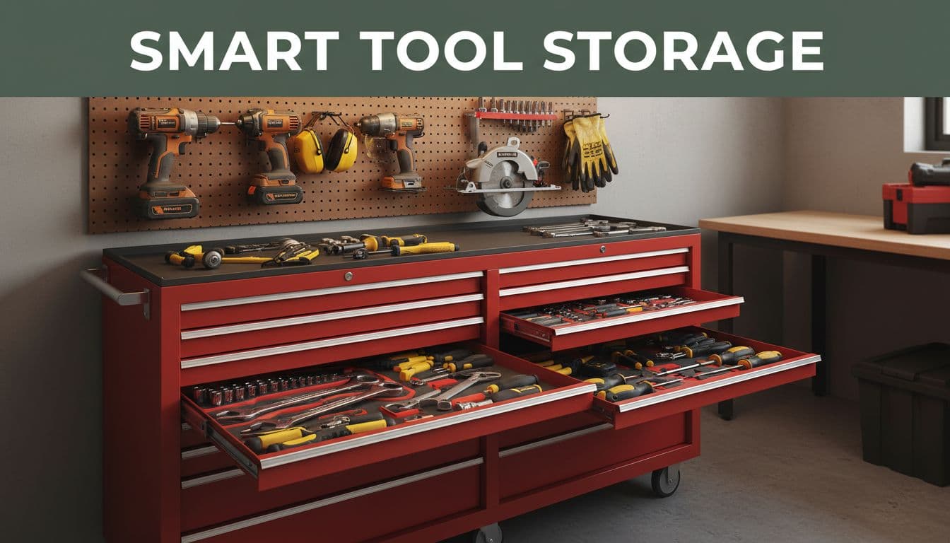Organized toolbox with open drawers showing hand tools, pegboard wall with hanging power tools and safety gear in a practical garage setup under warm lighting. Realistic photo style with no people, featuring bold 'Smart Tool Storage' headline on a dark-green band at the top.